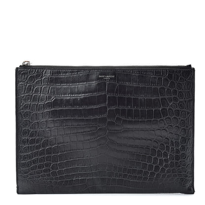 Saint Laurent Calfskin Crocodile Embossed Sac De Jour Carryall Pouch Black 1 of 12