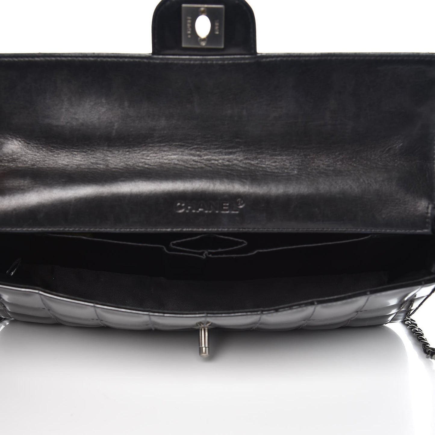 Patent Quilted East West Chocolate Bar Flap Black