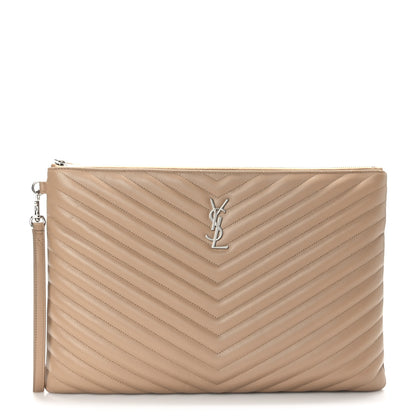 Saint Laurent Calfskin Matelasse Chevron Monogram Document Holder Light Taupe 1 of 7