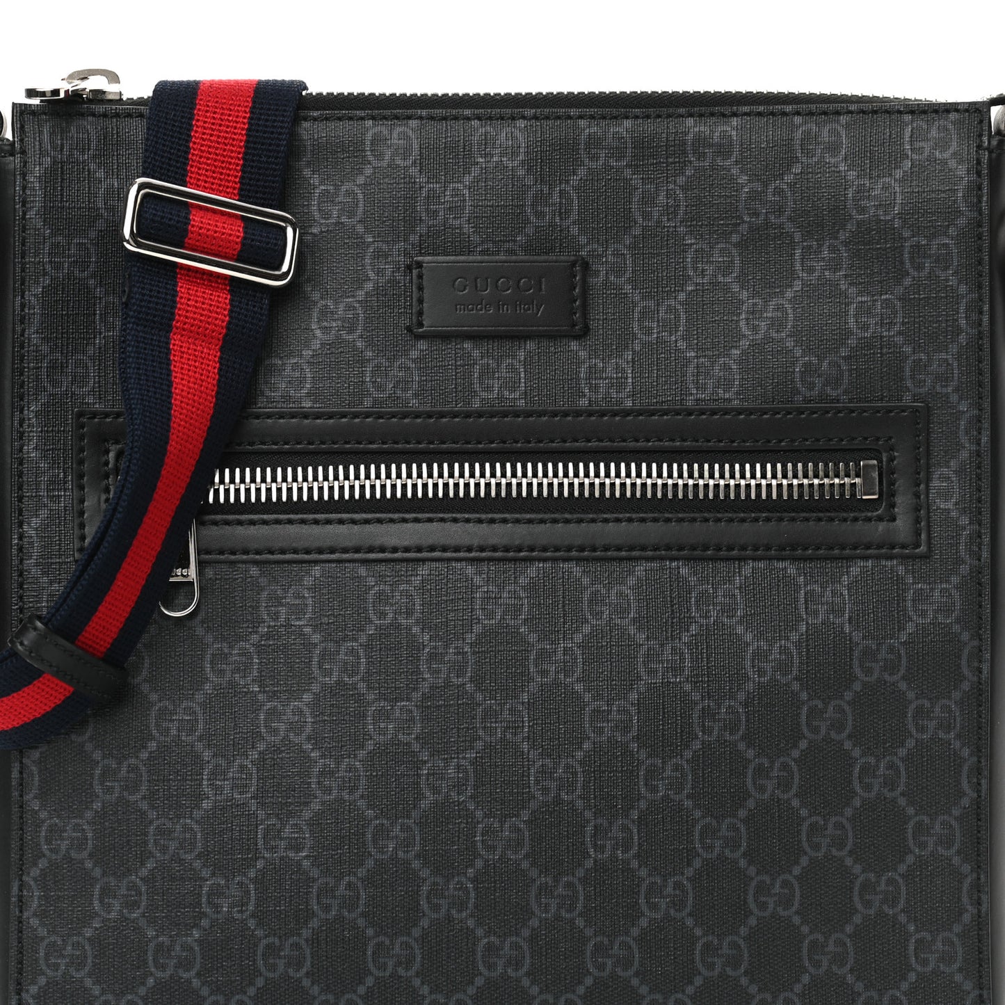 GG Supreme Monogram Appia Calfskin Web Flat Messenger Bag Black Grey