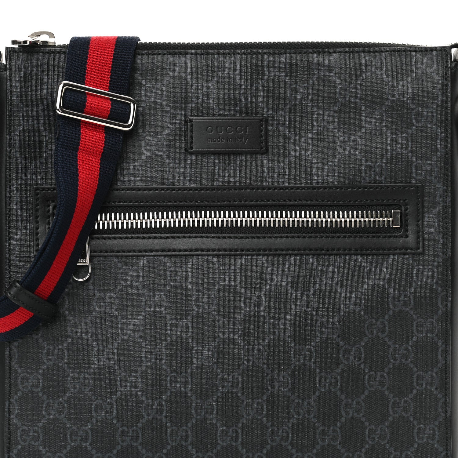 Gucci GG Supreme Monogram Appia Calfskin Web Flat Messenger Bag Black Grey 7 of 10