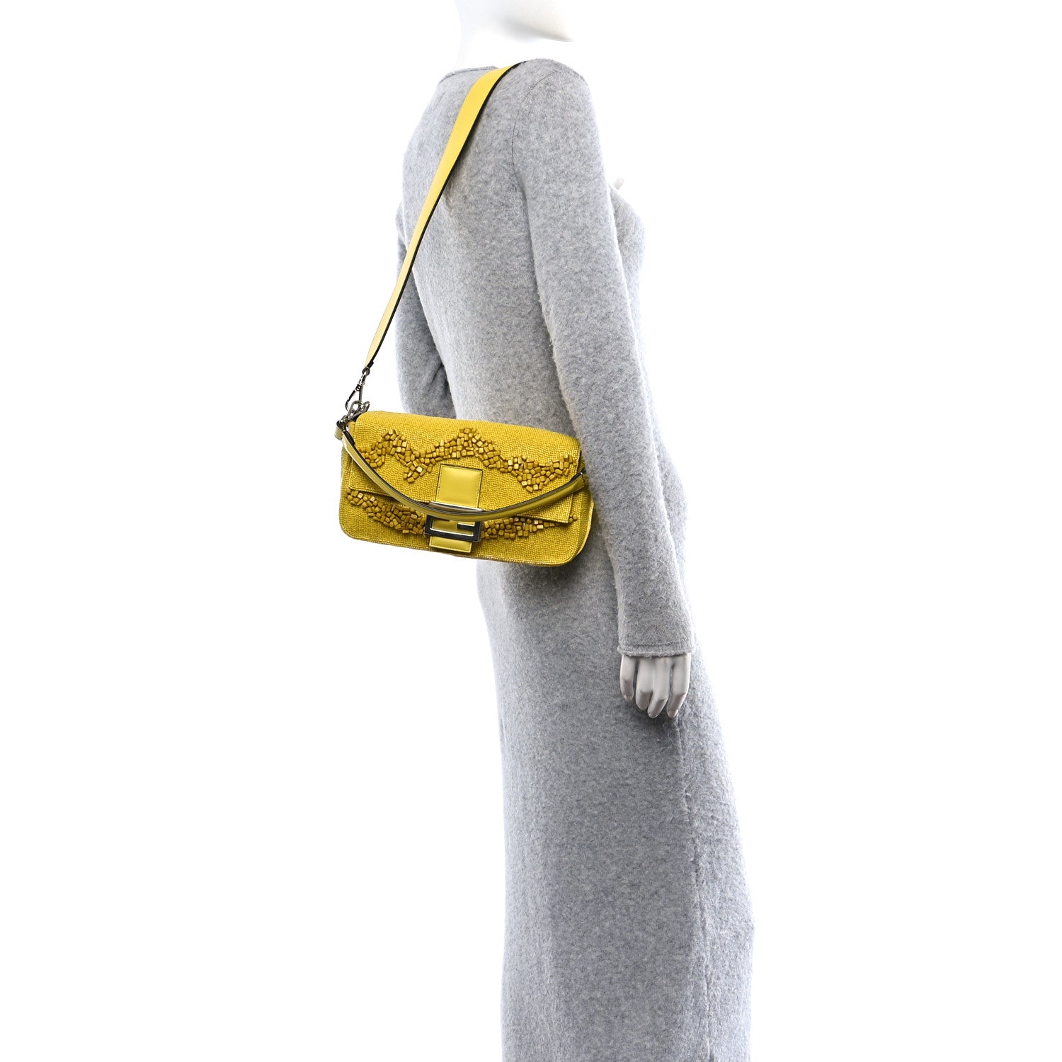 Fendi Rolling Stone Vitello Seta Bead Embroidered Re-Edition Baguette Giallo 2 of 10