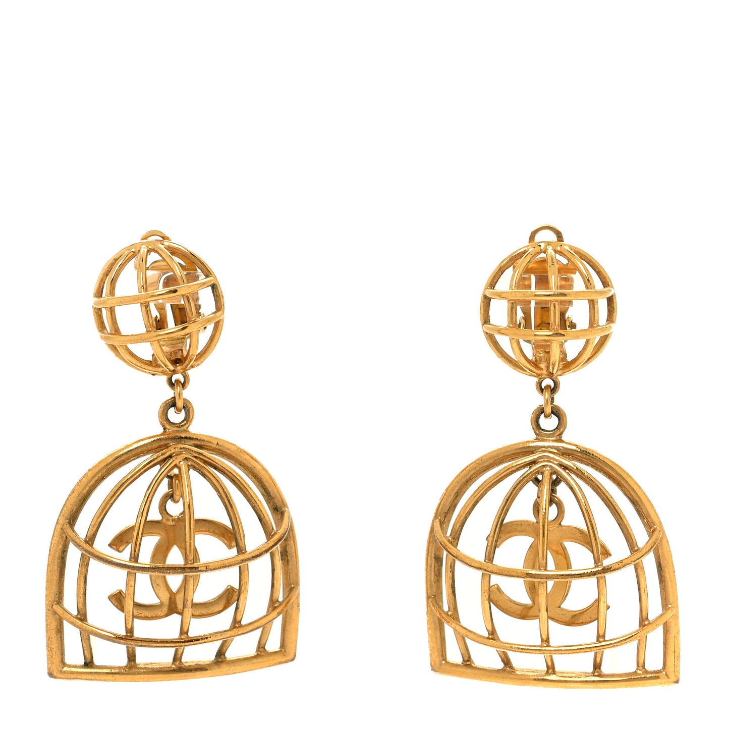 CC Bird Cage Drop Clip On Earrings Gold