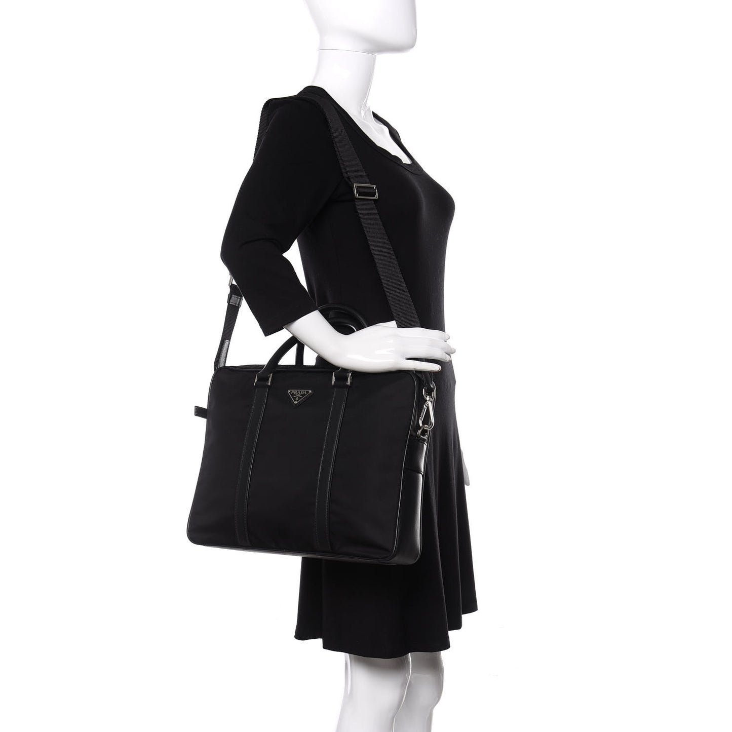 Tessuto Nylon Saffiano Metal Triangle Logo Work Bag Black