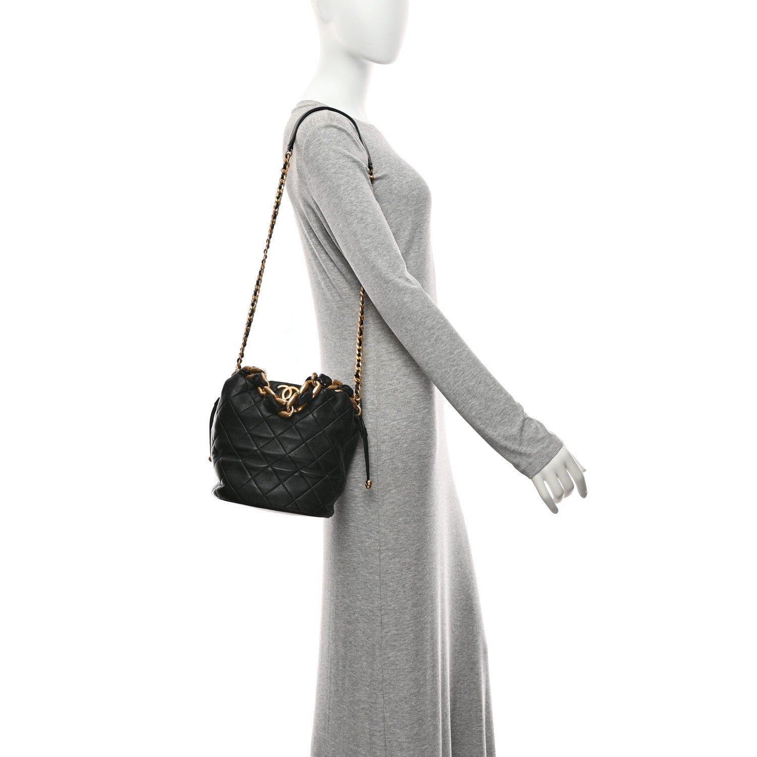 Chanel Shiny Lambskin Quilted Small Chain Is More Drawstring Bag Black 2 of 10