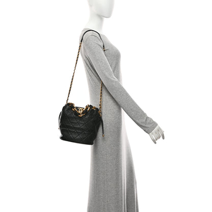 Chanel Shiny Lambskin Quilted Small Chain Is More Drawstring Bag Black 2 of 10