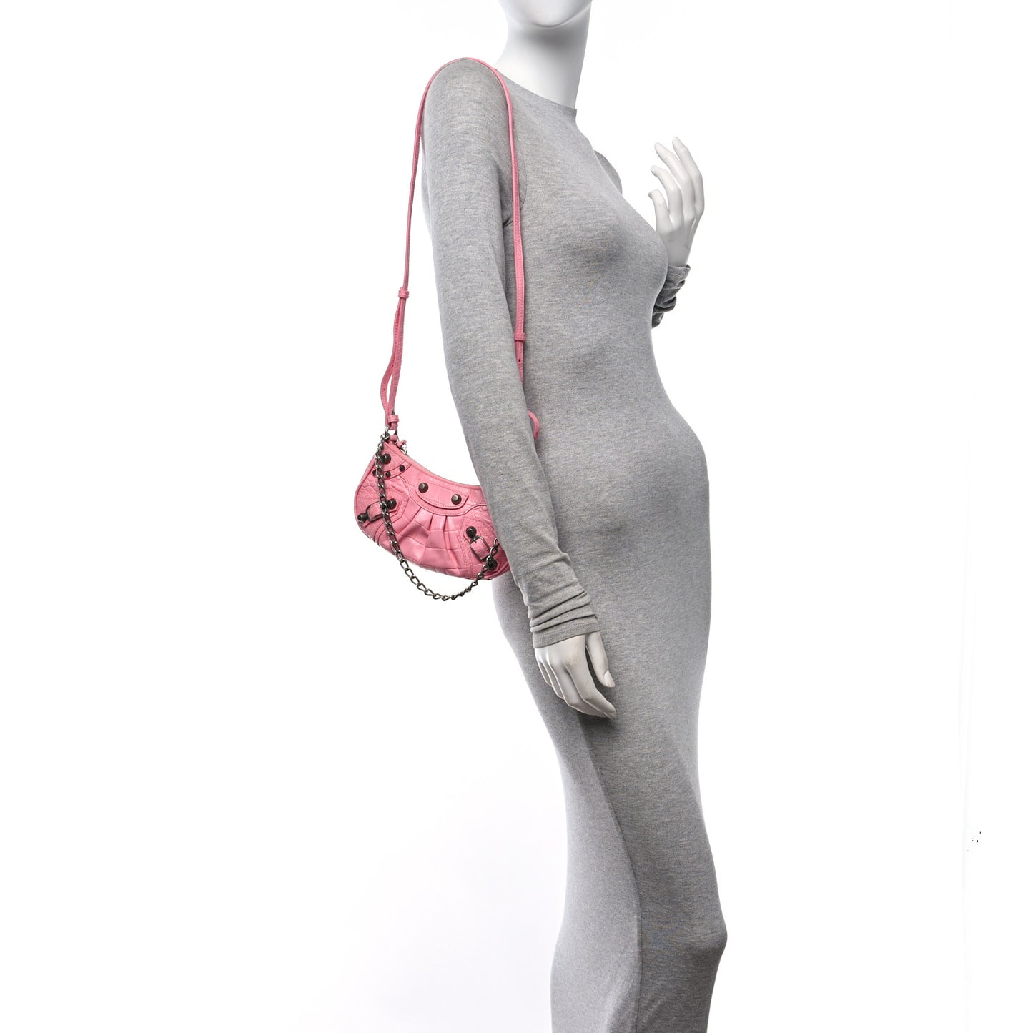 Extra Supple Calfskin Crocodile Embossed Le Cagole Mini Purse With Chain Sweet Pink