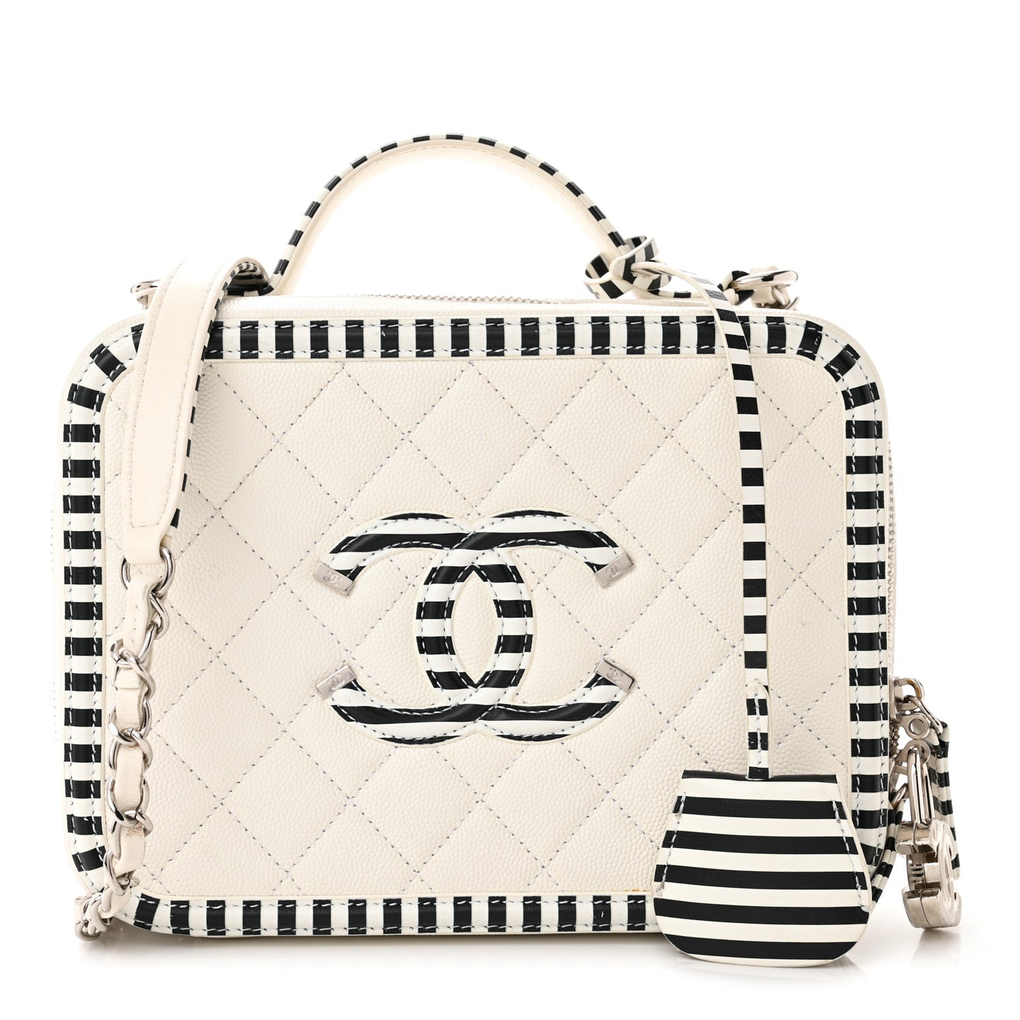 Caviar Quilted Striped Medium CC Filigree Vanity Case White Black