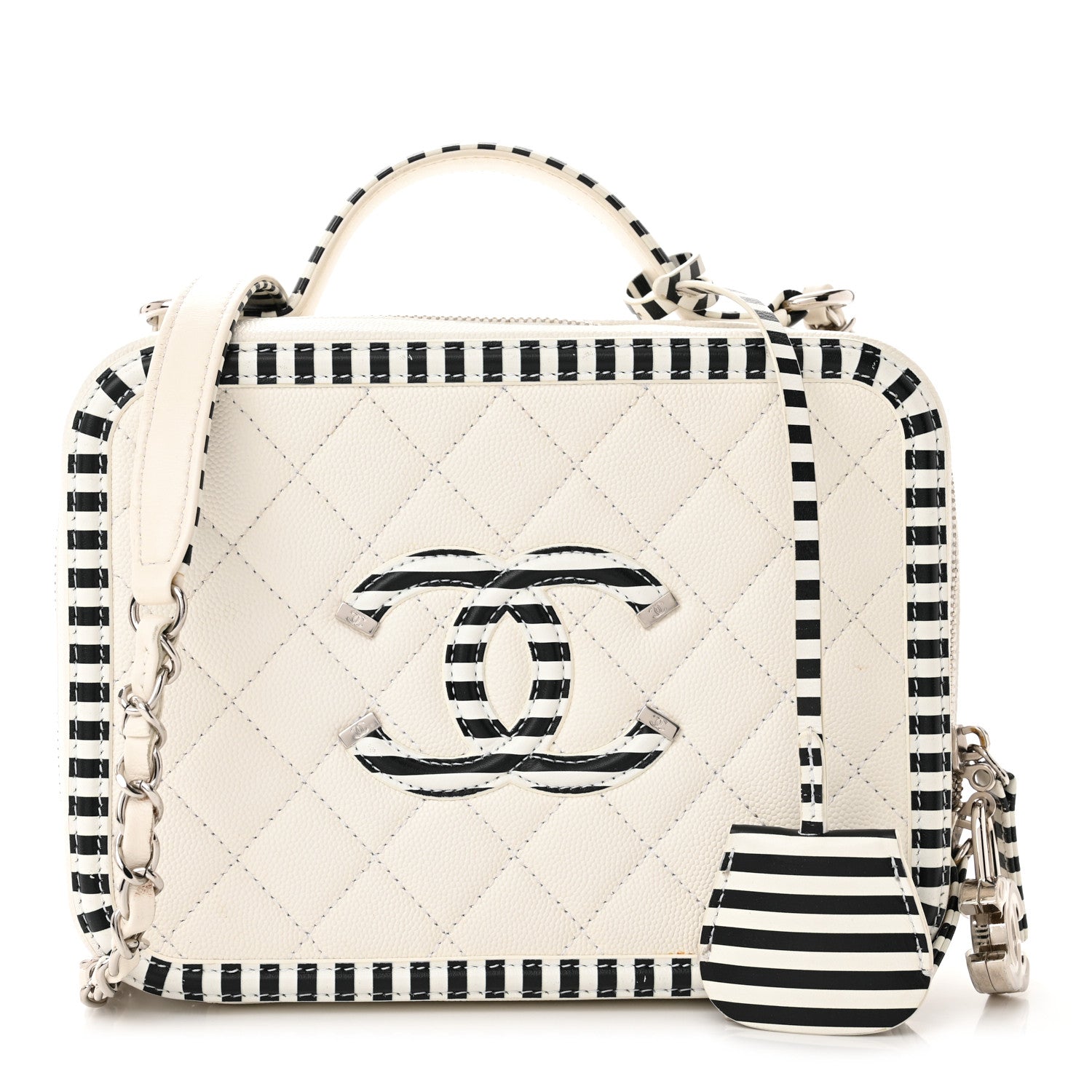 Chanel Caviar Quilted Striped Medium CC Filigree Vanity Case White Black 1 of 15