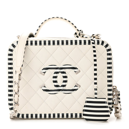 Chanel Caviar Quilted Striped Medium CC Filigree Vanity Case White Black 1 of 15