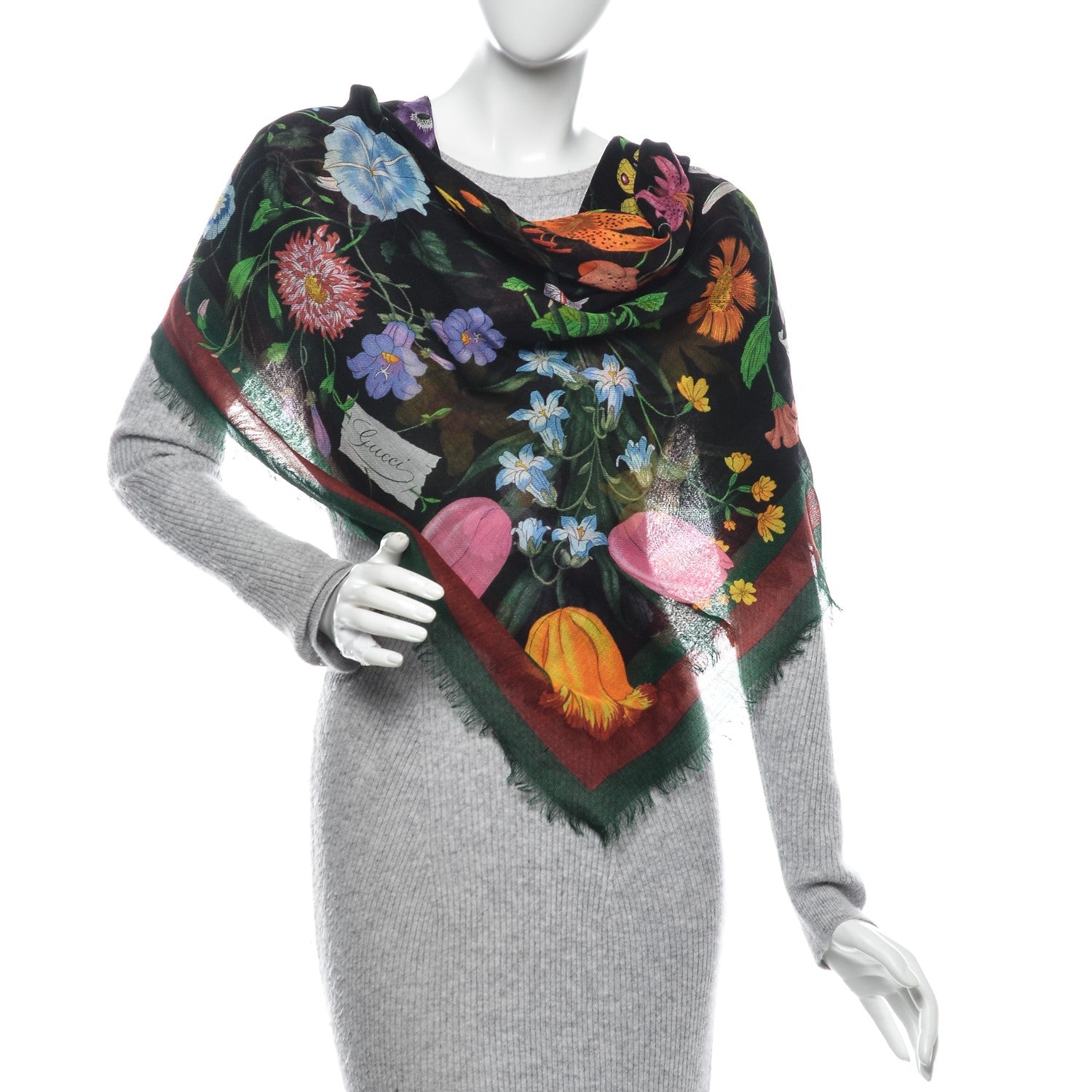 Gucci Wool Silk Floral Web Square Scarf Black Dark Green 2 of 5