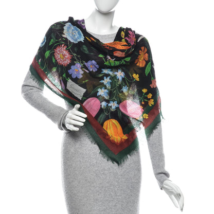 Gucci Wool Silk Floral Web Square Scarf Black Dark Green 2 of 5