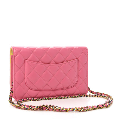 Chanel Lambskin Quilted Wallet On Chain WOC Pink Yellow 3 of 12