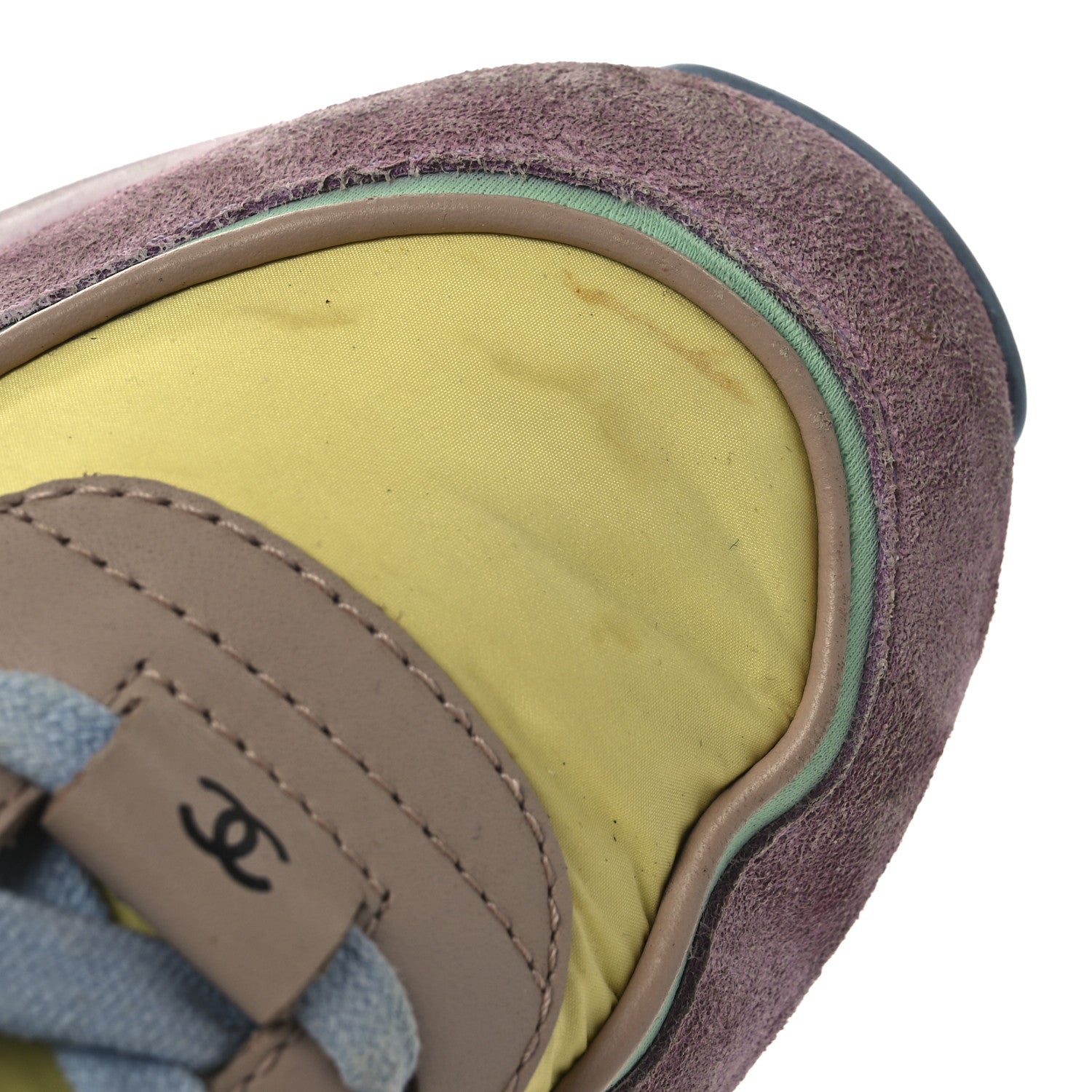 Chanel Nylon Lambskin Calfskin Suede CC Womens Sneakers 38.5 Pink Yellow Purple 15 of 15
