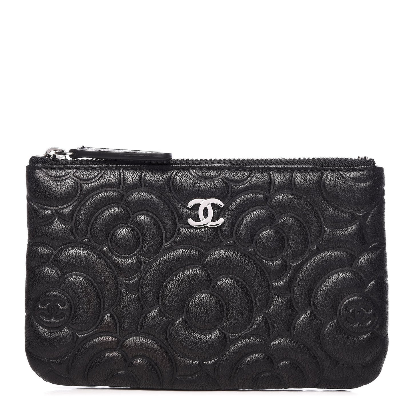 Goatskin Camellia Embossed Cosmetic Pouch Black