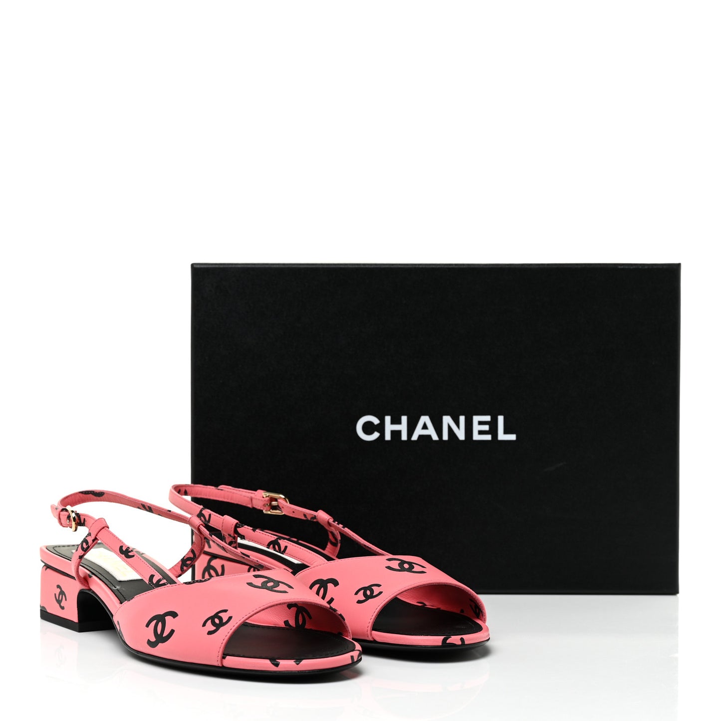 Printed Lambskin CC Slingback Sandals 40 Pink Black