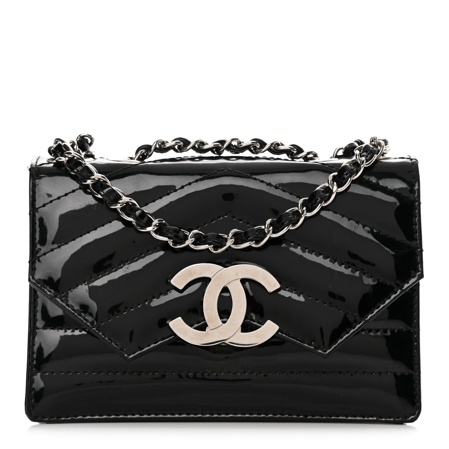 Patent Quilted Chevron Cutaway Flap Bag Black