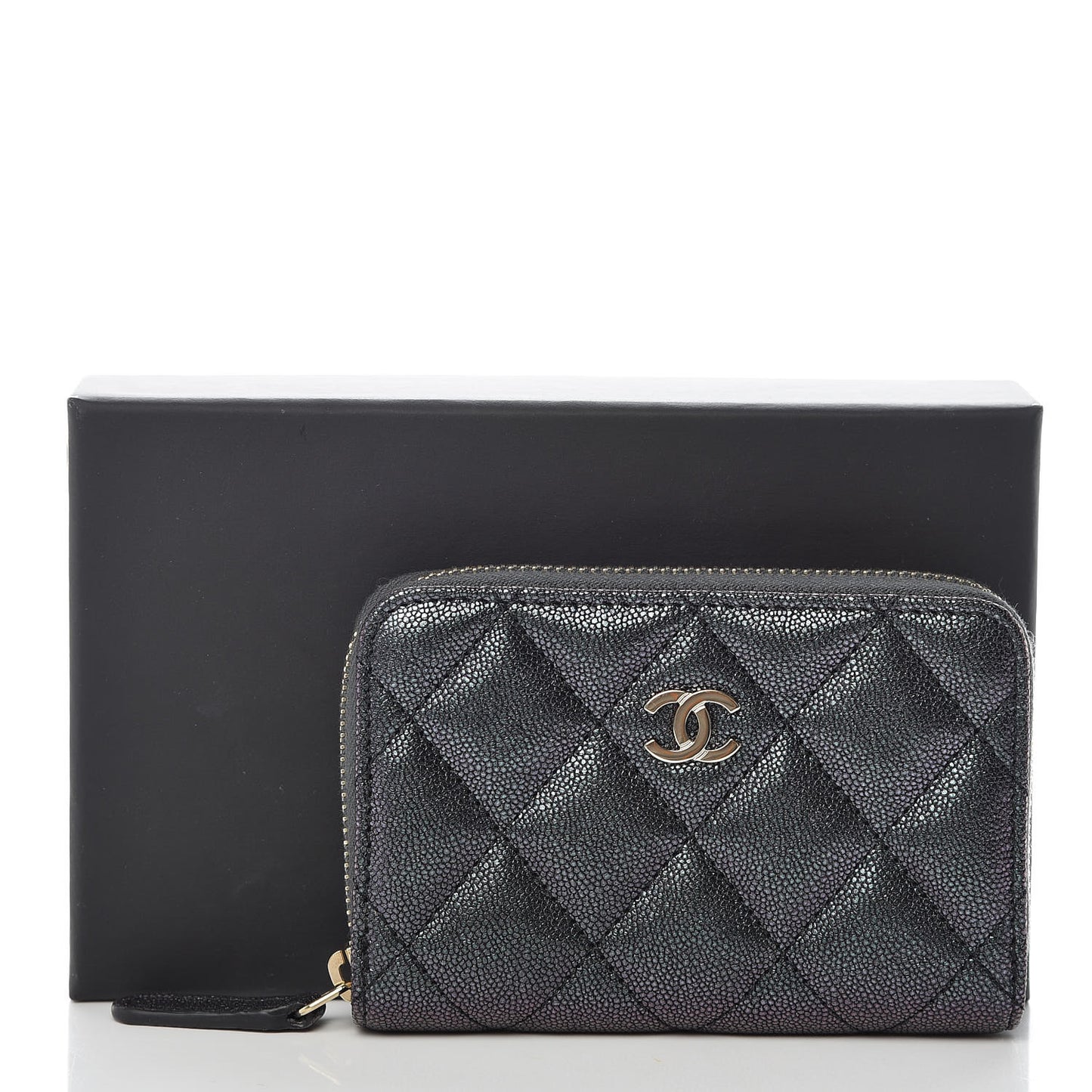 Iridescent Caviar Quilted Zip Coin Purse Black