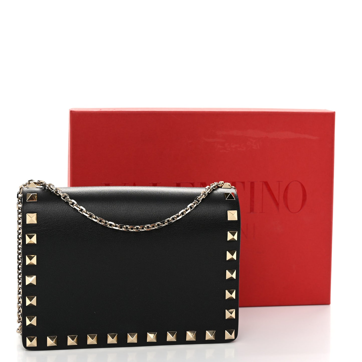 Calfskin Rockstud Wallet On Chain Black