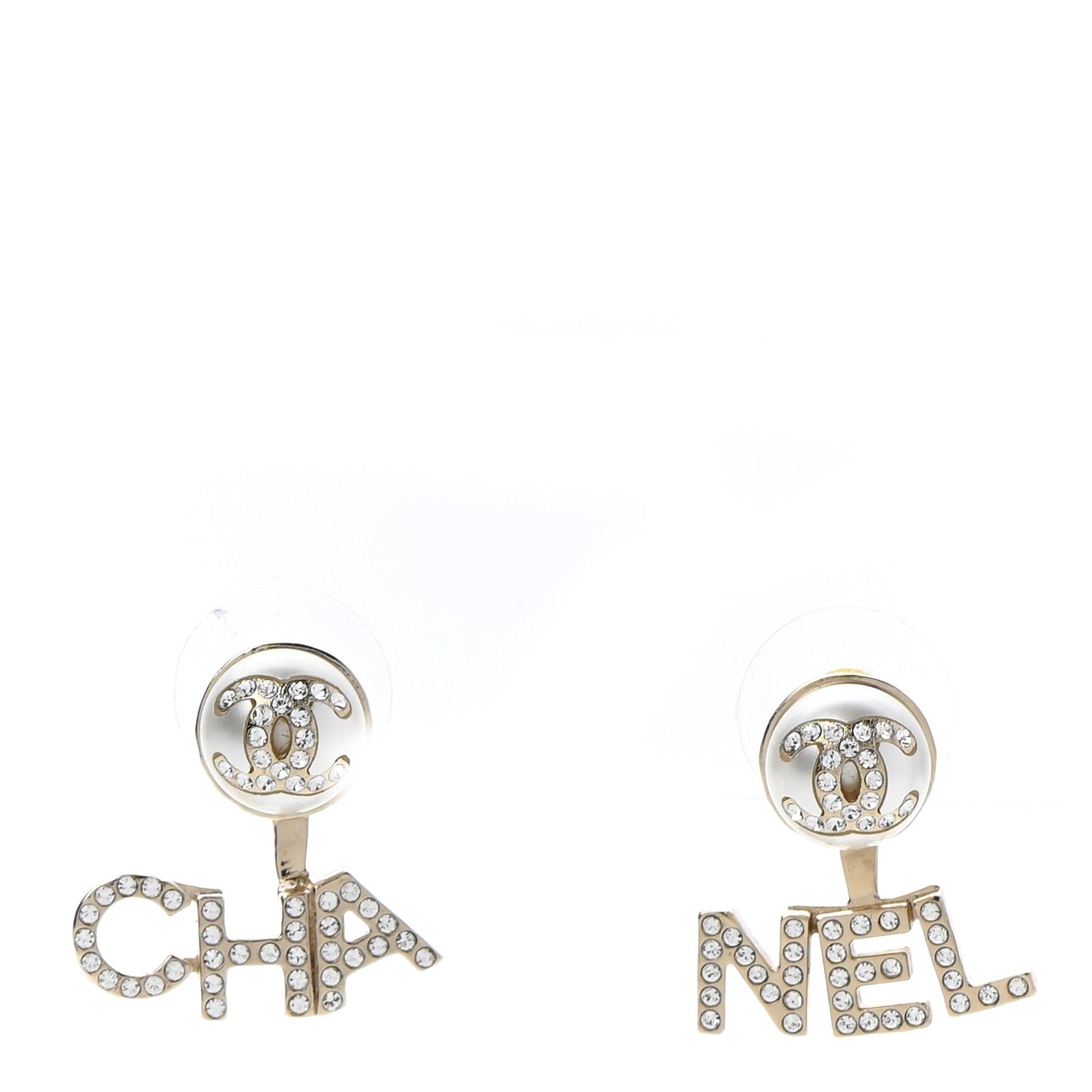 Chanel Pearl Crystal Logo Earrings Gold Pearly White 1 of 5