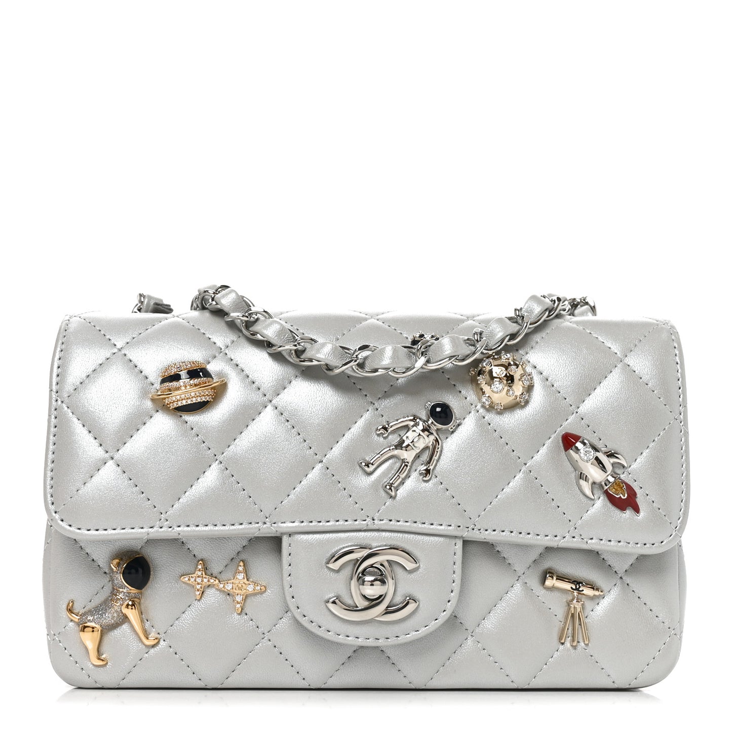 Metallic Lambskin Quilted Space Charms Mini Rectangular Flap Silver
