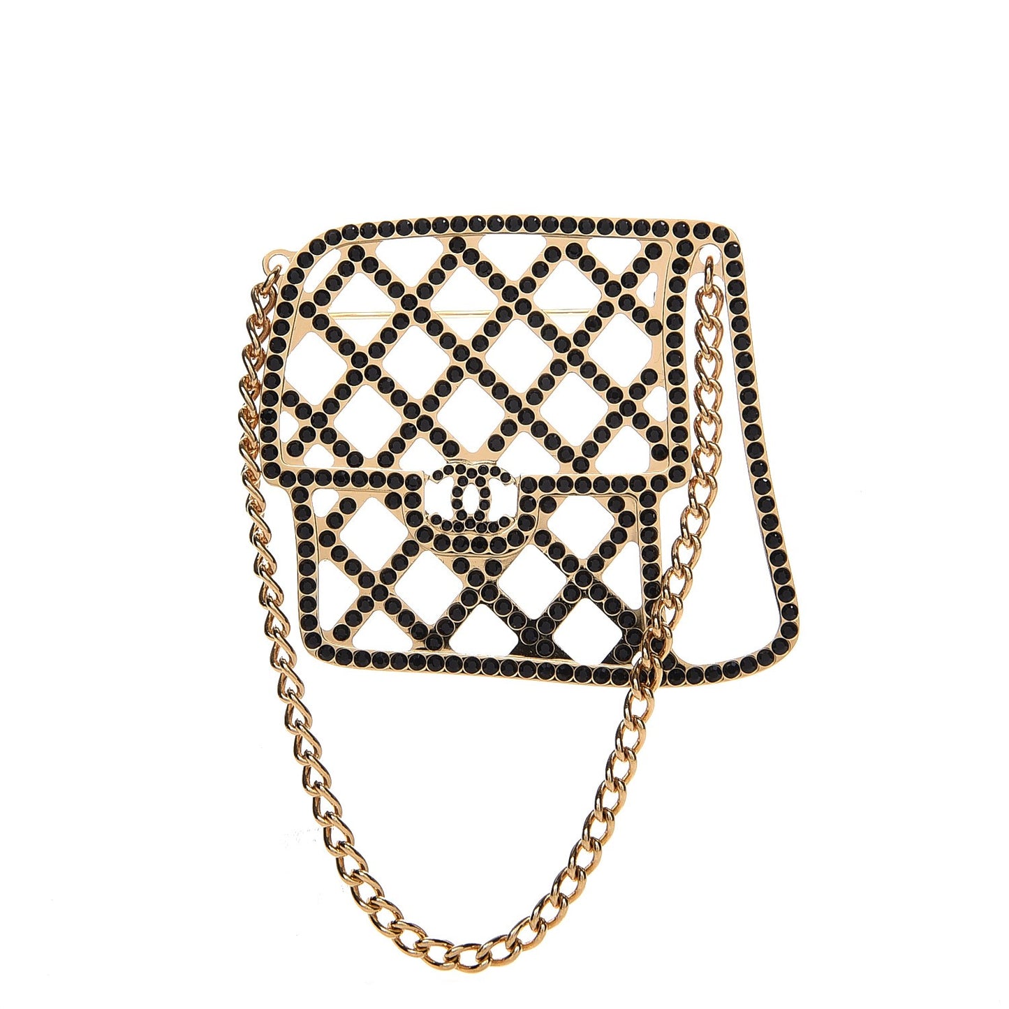 Crystal Flap Bag Brooch Black Gold
