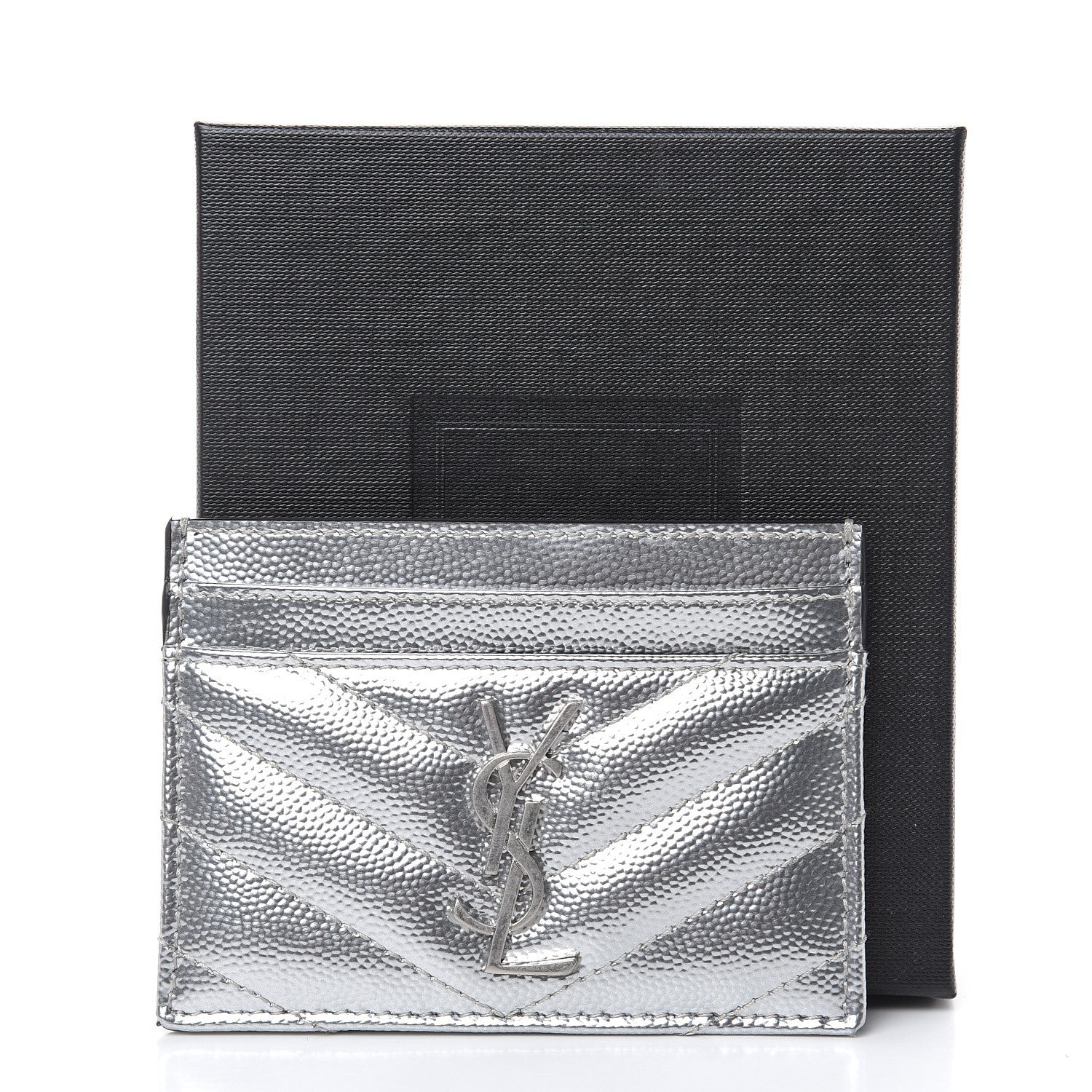 Saint Laurent Metallic Grain De Poudre Matelasse Chevron Monogram Credit Card Case Argento 8 of 8