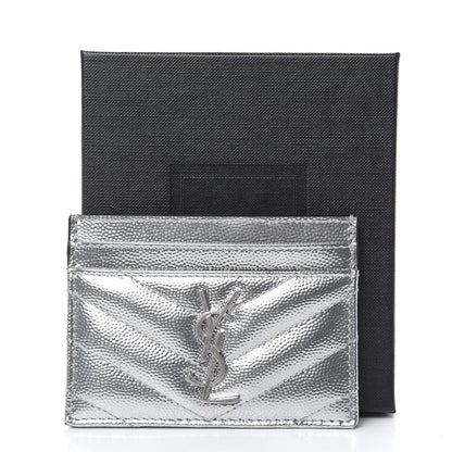 Saint Laurent Metallic Grain De Poudre Matelasse Chevron Monogram Credit Card Case Argento 8 of 8