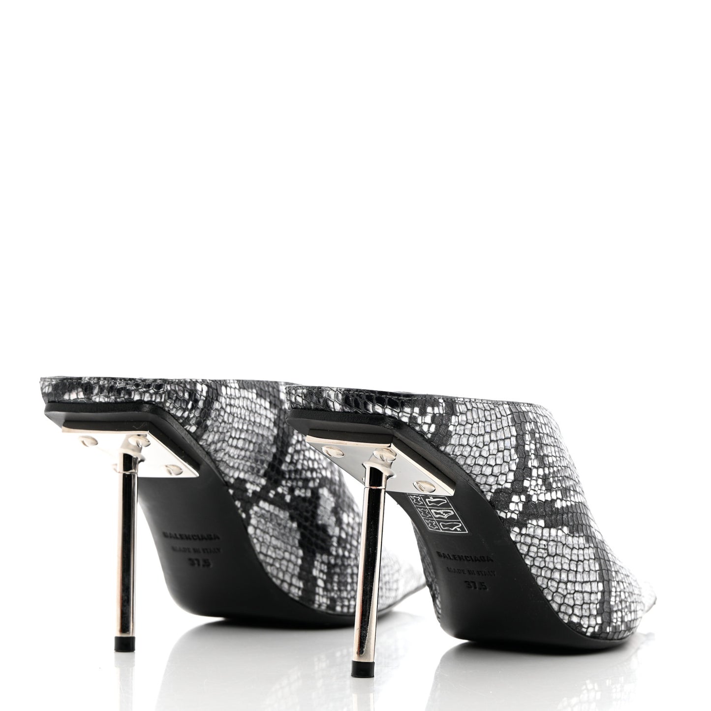 Kidskin Snake Effect Knife Pointy Toe Mule Pumps 37.5 Silver