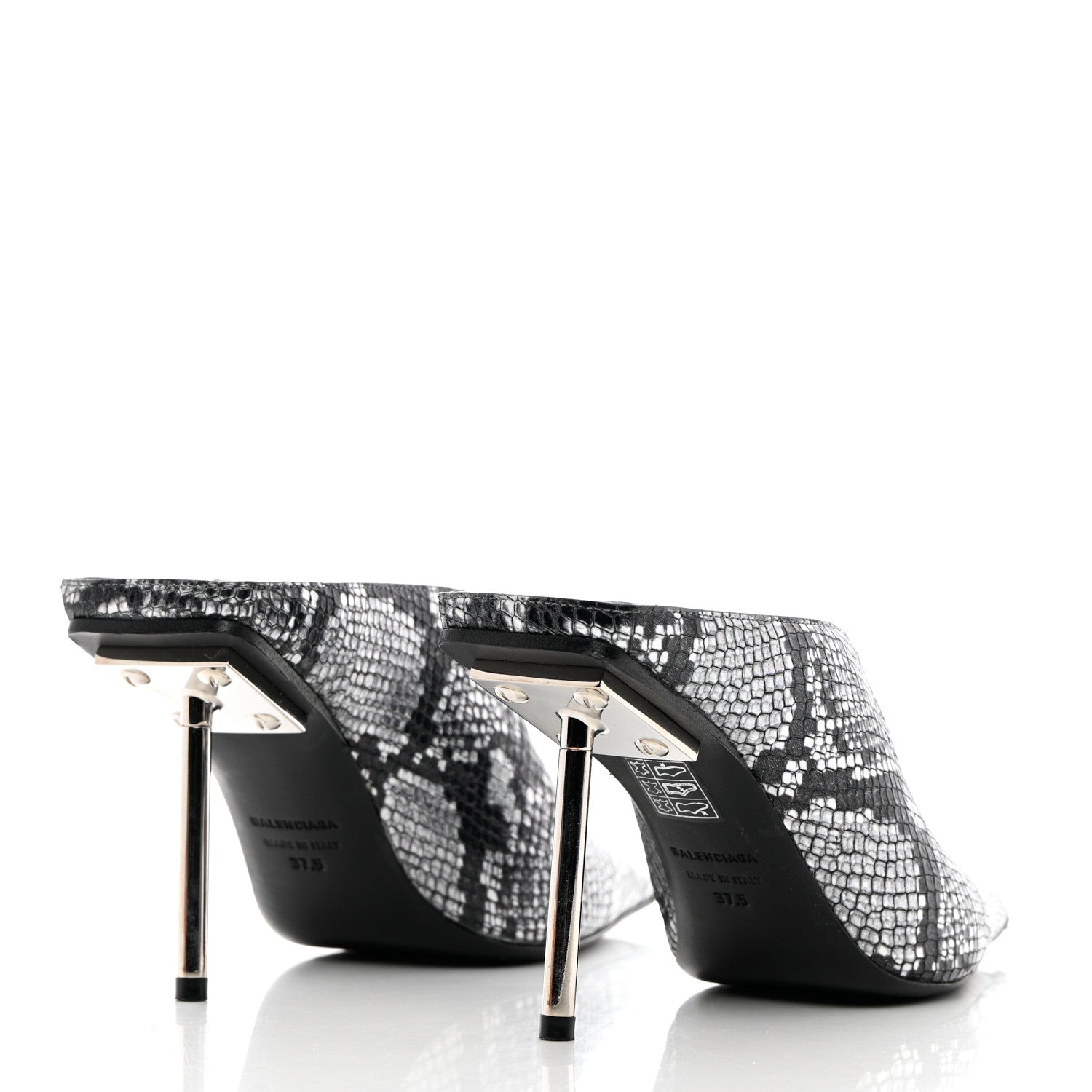 Balenciaga Kidskin Snake Effect Knife Pointy Toe Mule Pumps 37.5 Silver 4 of 12
