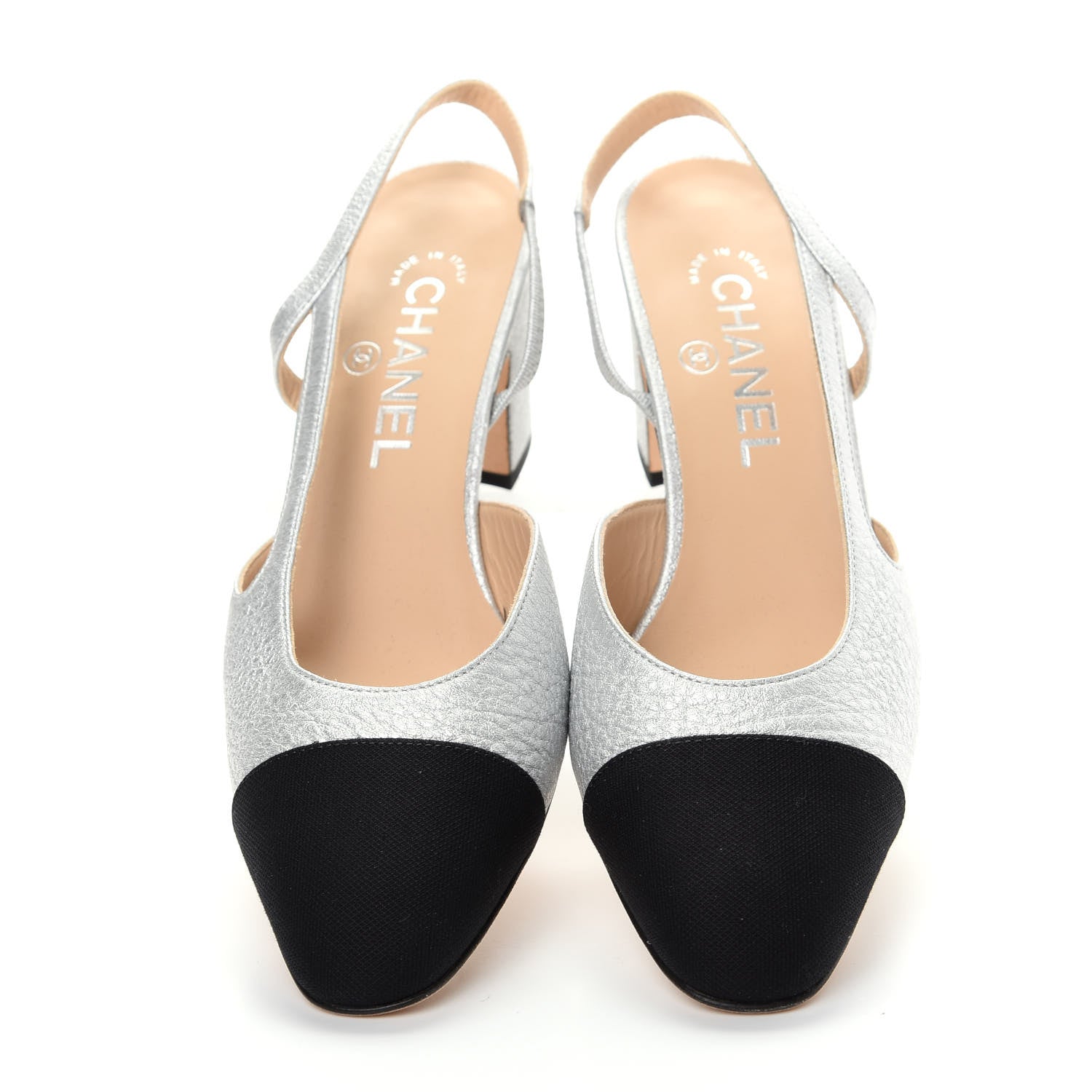 Chanel Metallic Lambskin Grosgrain Cap Toe CC Slingback Sandals 38 Black Silver 5 of 11