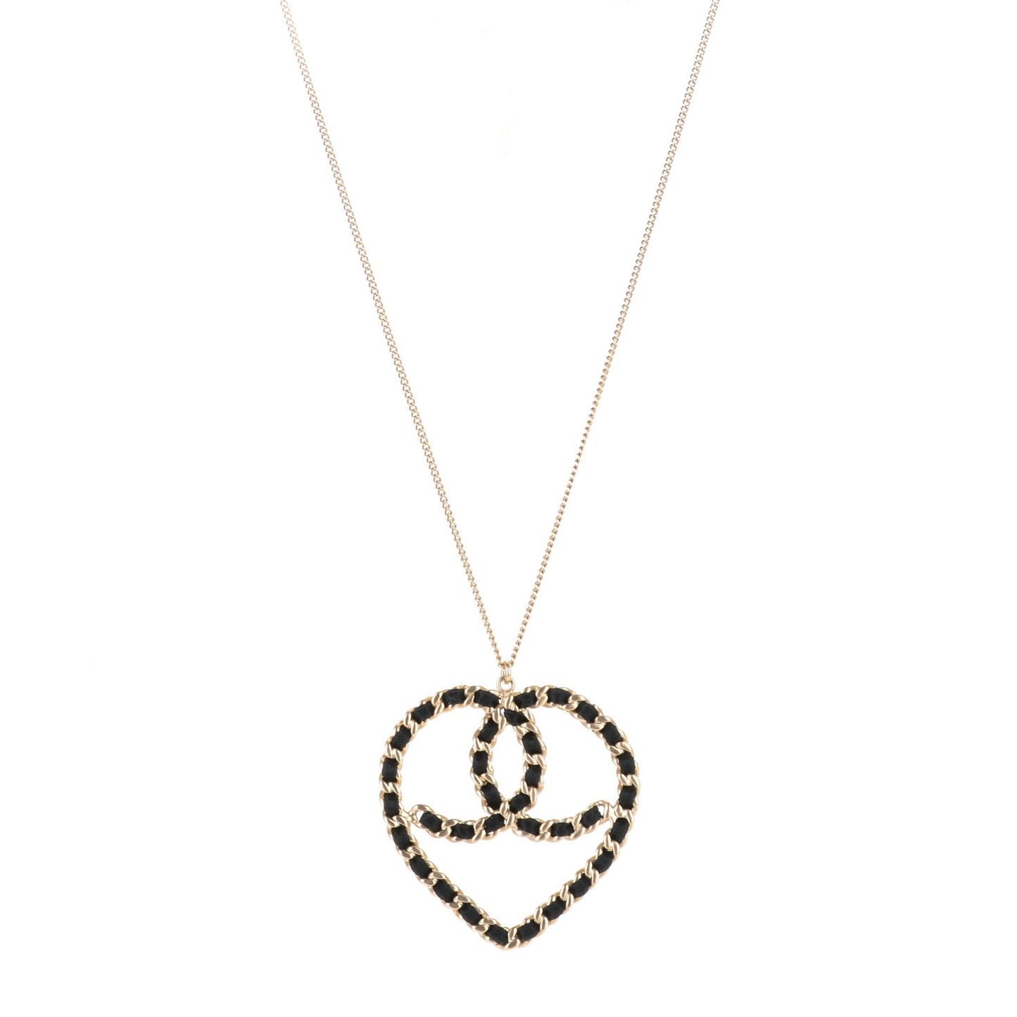 Satin CC Heart Chain Necklace Black Light Gold