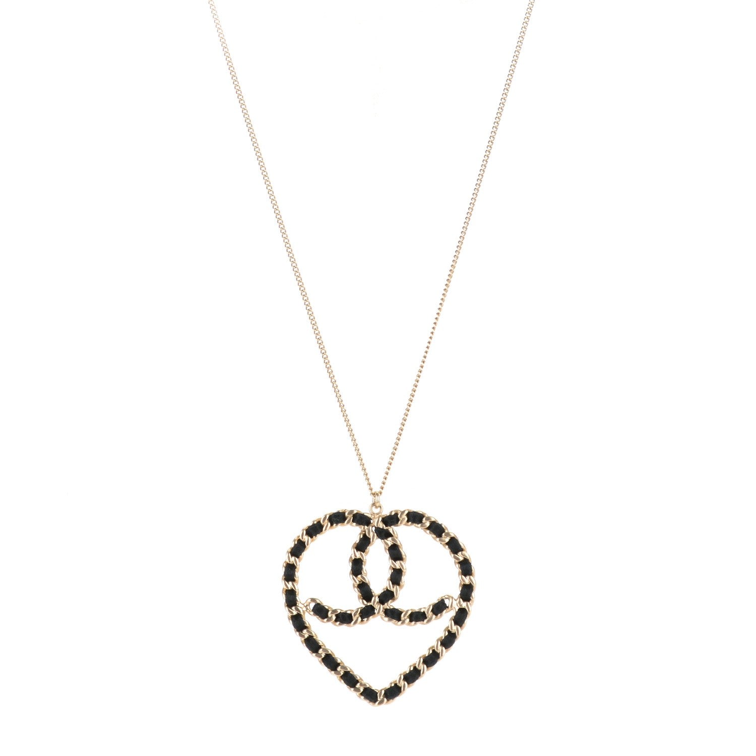 Chanel Satin CC Heart Chain Necklace Black Light Gold 1 of 4