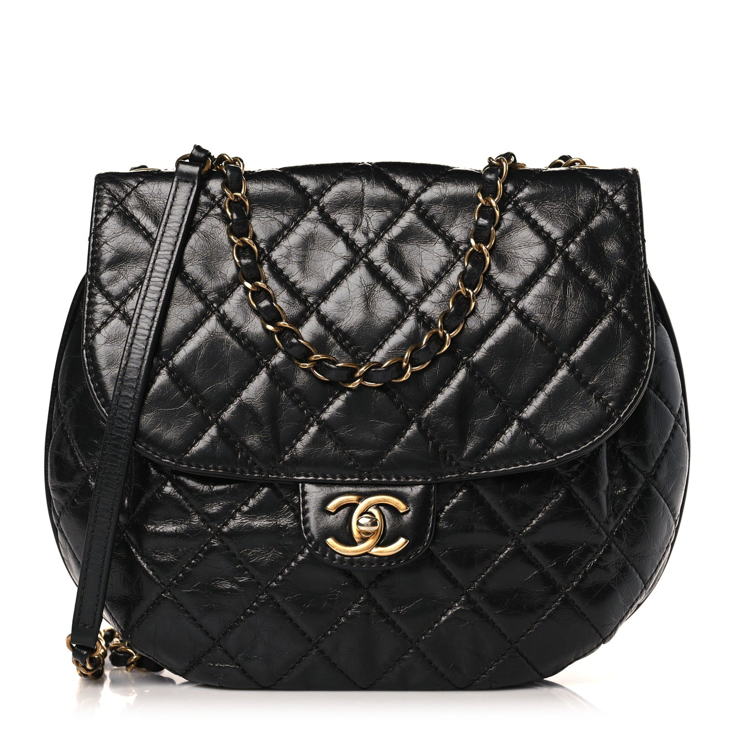 Glazed Calfskin Quilted Medium Bubble CC Flap Black