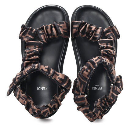 Fendi Satin FF Ruched Sandals 37 Tobacco Black 2 of 8