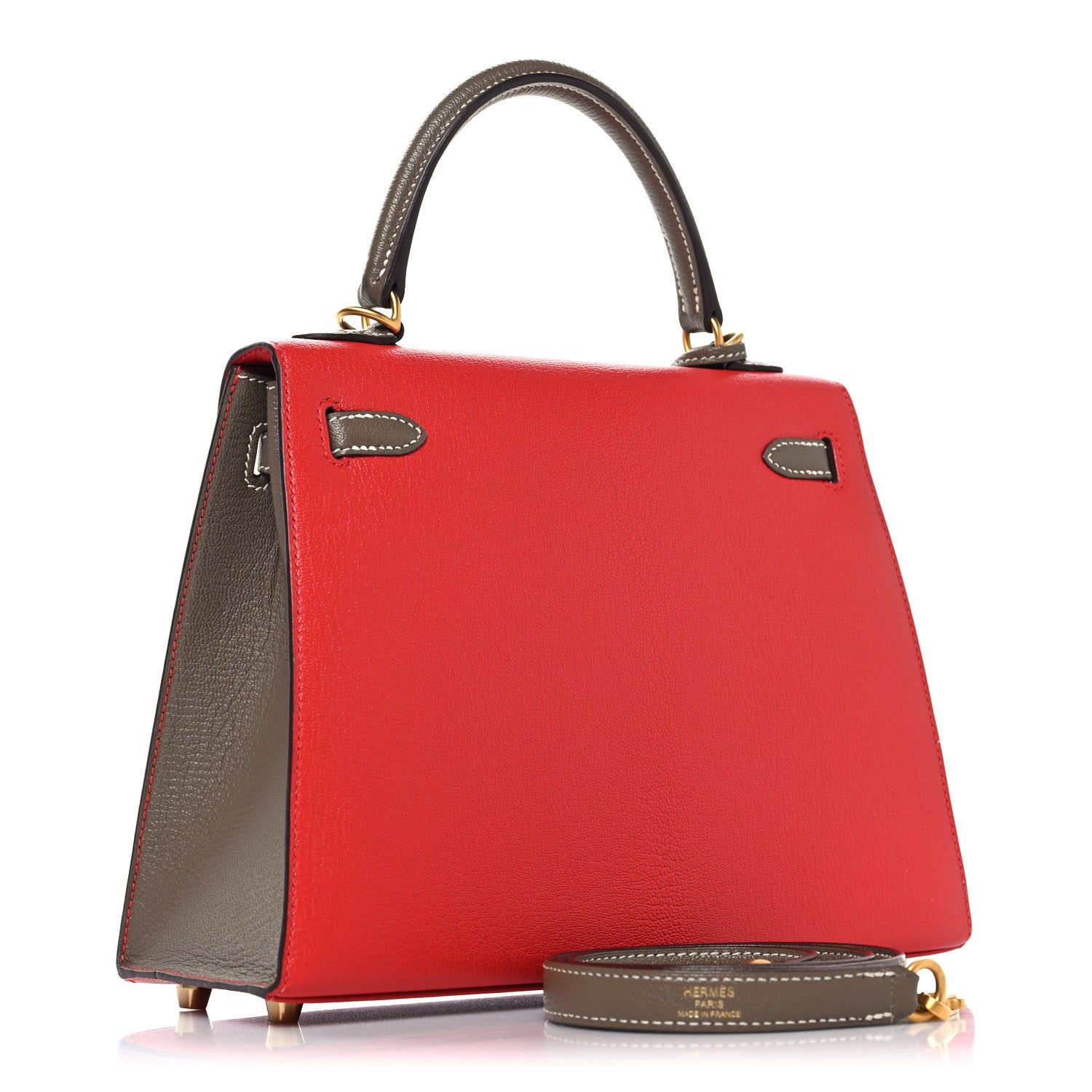Hermes Chevre Chandra Bi-Color Horseshoe Kelly Sellier 25 Rouge De Coeur Etoupe 3 of 14