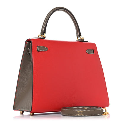 Hermes Chevre Chandra Bi-Color Horseshoe Kelly Sellier 25 Rouge De Coeur Etoupe 3 of 14
