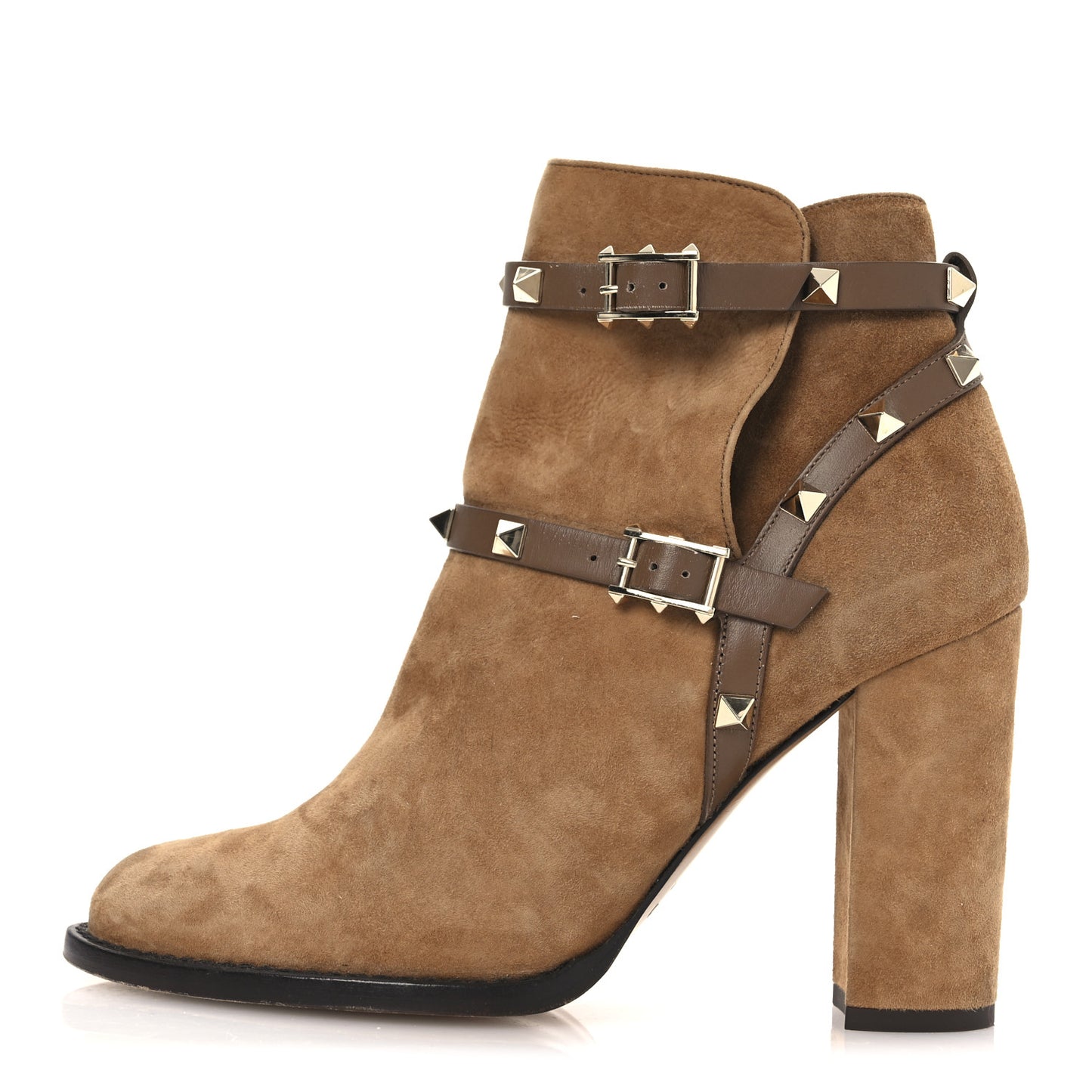 Suede Rockstud Double Buckle 100mm Block Heel Ankle Boots 36.5 Nocciola