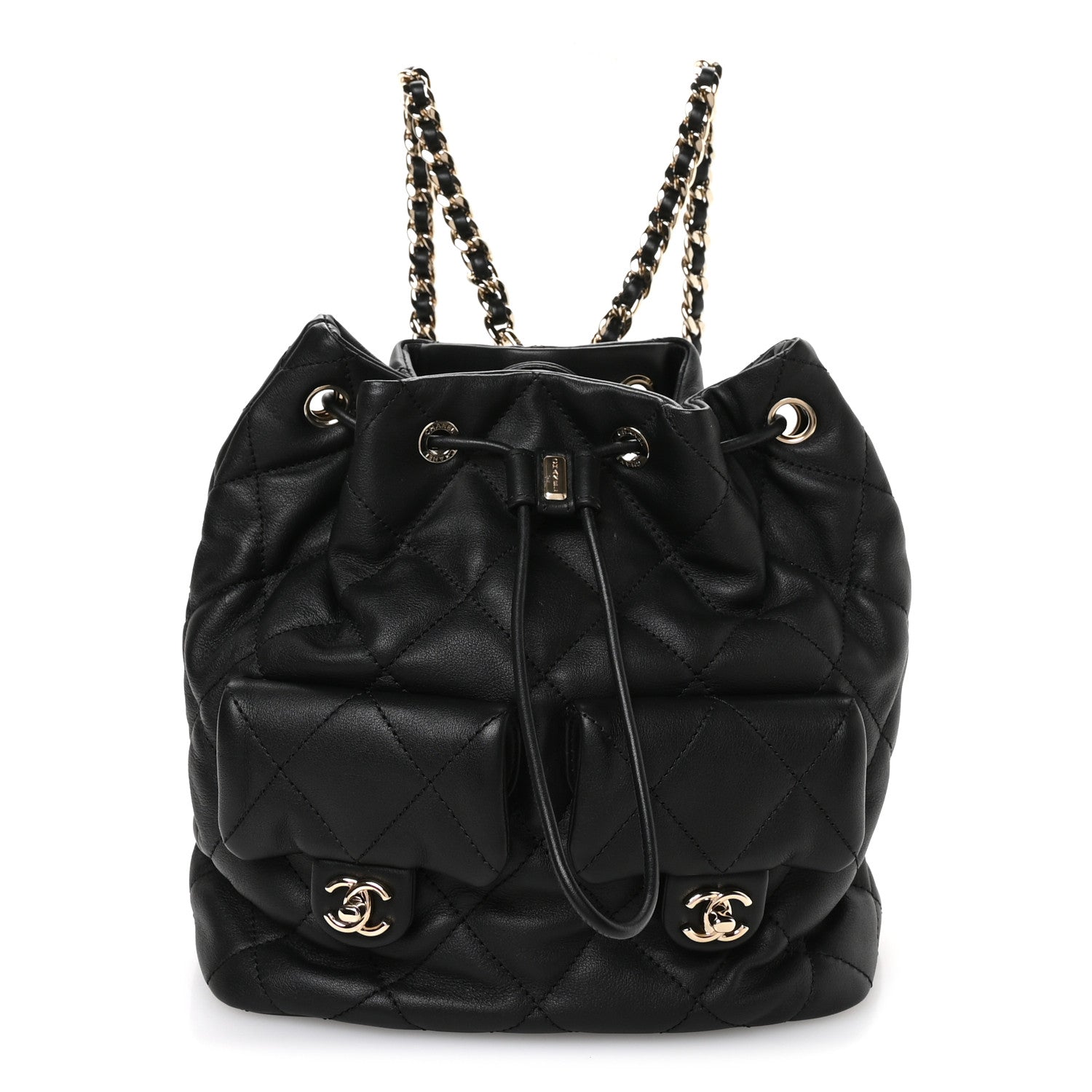 Chanel Lambskin Quilted Double Pocket Drawstring Backpack Black 1 of 10