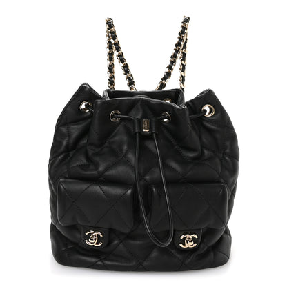 Chanel Lambskin Quilted Double Pocket Drawstring Backpack Black 1 of 10