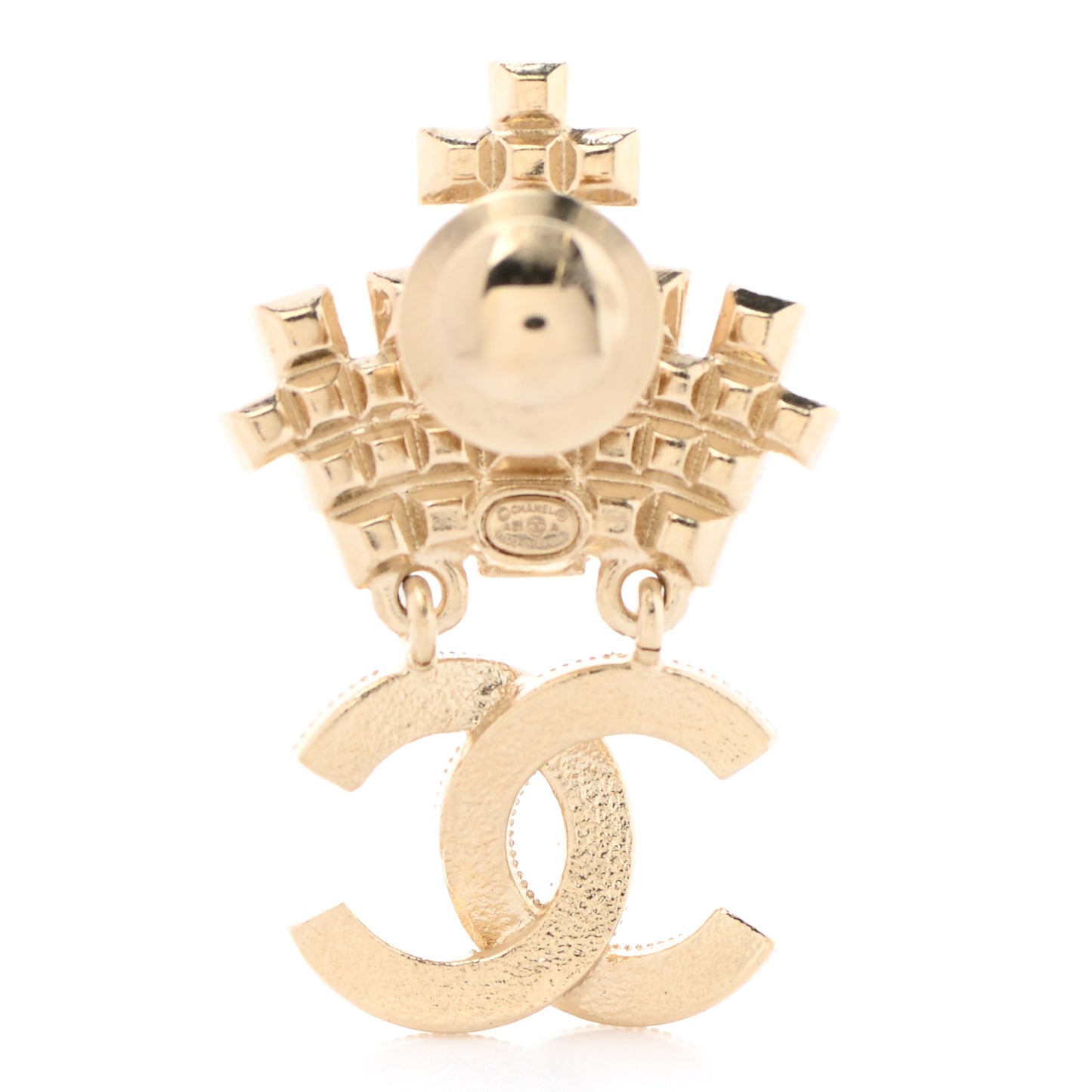 Pearl Crystal CC Crown Brooch Gold