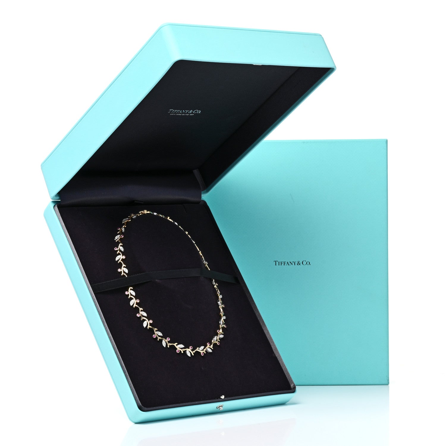 Tiffany Platinum 18K Yellow Gold Diamond Pink Sapphire Vine Necklace 5 of 5