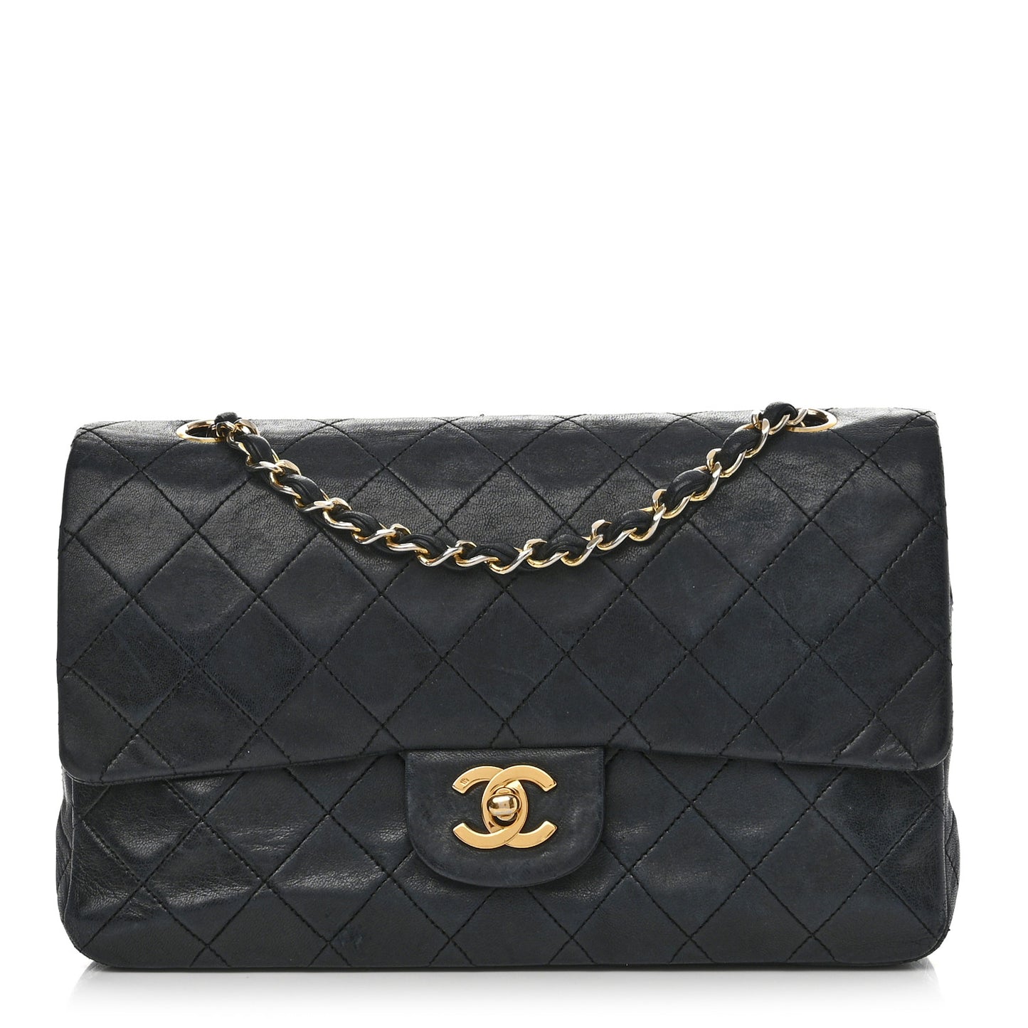 Lambskin Quilted Medium Double Flap Navy