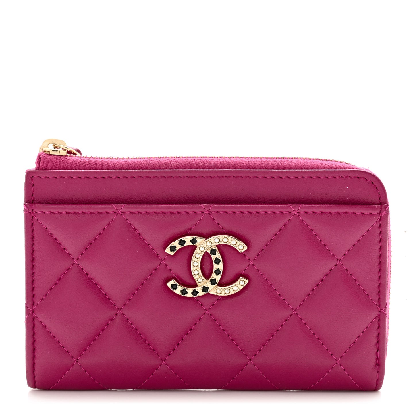Lambskin Quilted Pearl Crystal CC Zip Around Card Holder Pink