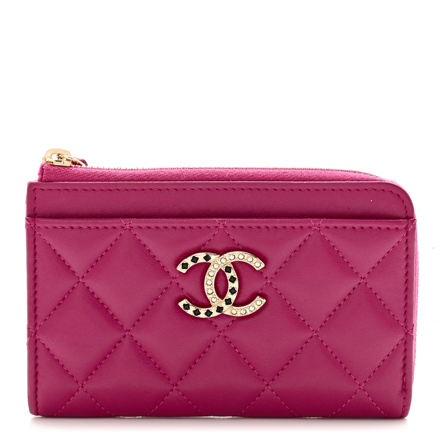 Chanel Lambskin Quilted Pearl Crystal CC Zip Around Card Holder Pink 1 of 8