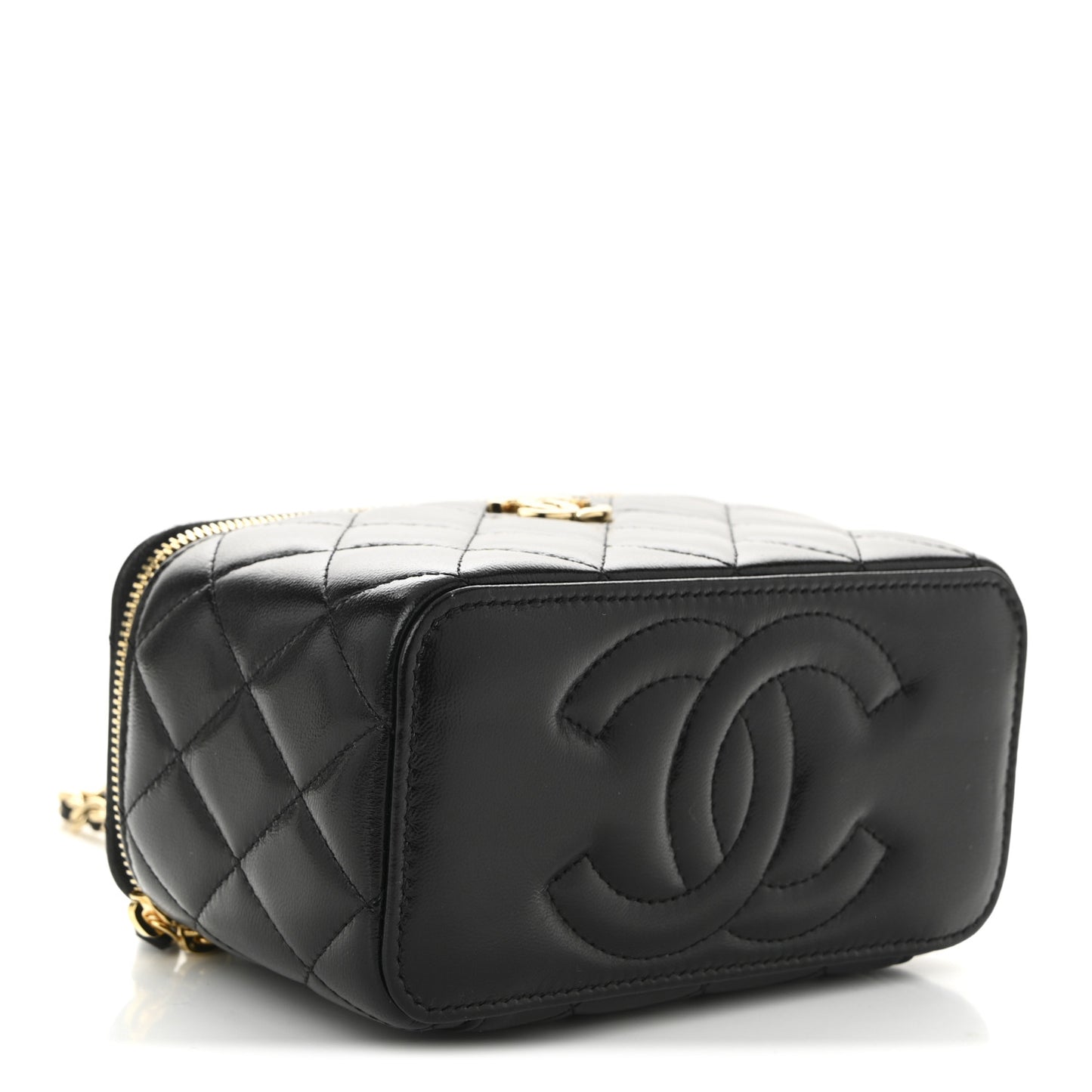 Shiny Lambskin Quilted Pearl Crush Small Vanity Case With Chain Black