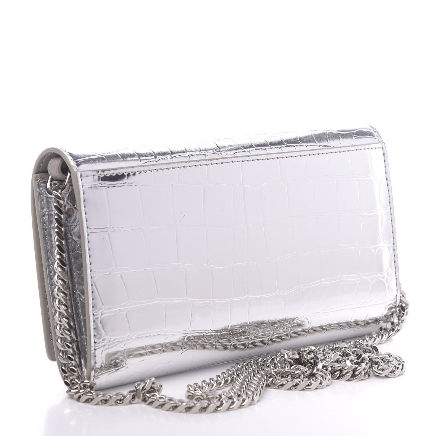 Metallic Calfskin Crocodile Embossed Hannah Wallet On Chain Silver