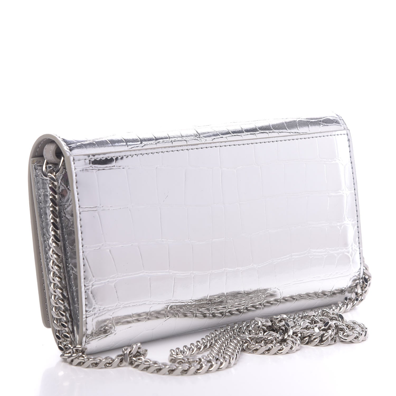 Burberry Metallic Calfskin Crocodile Embossed Hannah Wallet On Chain Silver 3 of 11