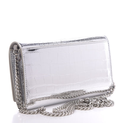 Burberry Metallic Calfskin Crocodile Embossed Hannah Wallet On Chain Silver 3 of 11