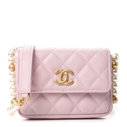 Chanel Calfskin Quilted About Pearls Card Holder Flap With Chain Light Pink 1 of 12